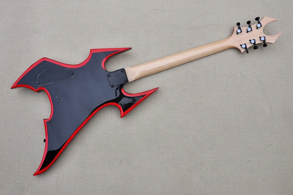 Unusual Shape Black Body Electric Guitar with Rosewood Fretboard,Black Hardware,Red binding,Provide Customized Services