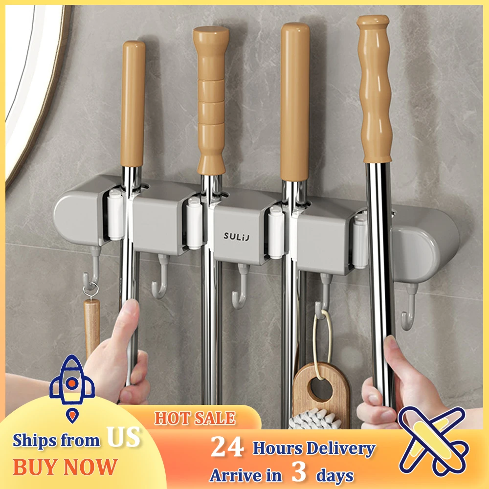 

Wall-Mount Mop Holder No Drilling Self-Adhesive Broomstick Multifunction Storage Rack with Hooks for Kitchen Bathroom Organizer