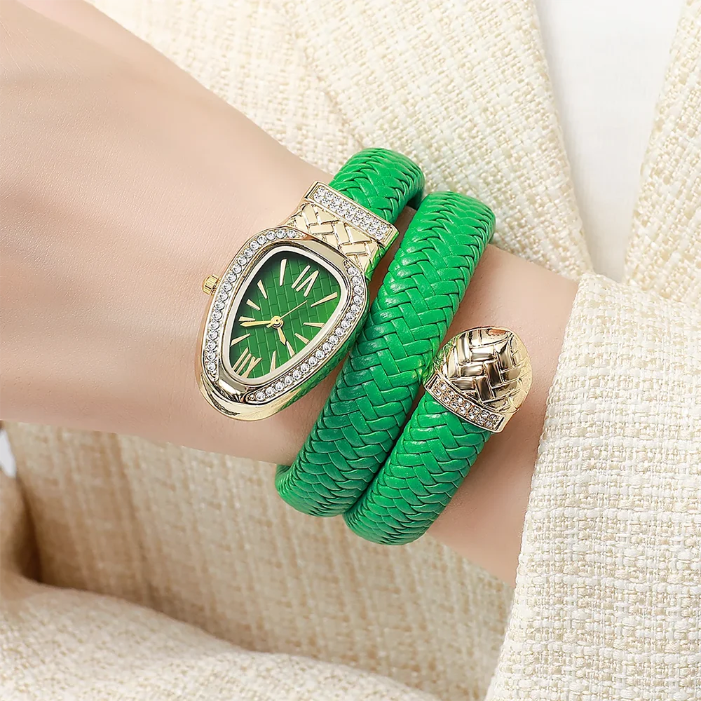 أزياء المرأة الأفعى شكل ساعات كوارتز نسج فاخر حجر الراين روما الهاتفي ساعة اليد الفتيات ساعة Reloj Mujer