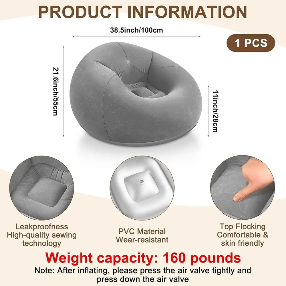 Inflatable Bean Bag Chairs, Grey Portable Lazy Sofa for Adults Kids, Outdoor Movie Seating, Classroom Loungers Couch, or Reading
