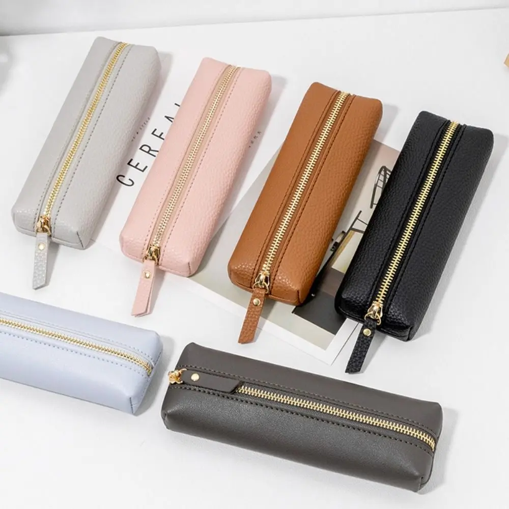Zipper Vintage Leather Pencil Bag Desktop Organizer Large Capacity Pen Case Storage Bag Waterproof High-end Pencil Pouch Holder