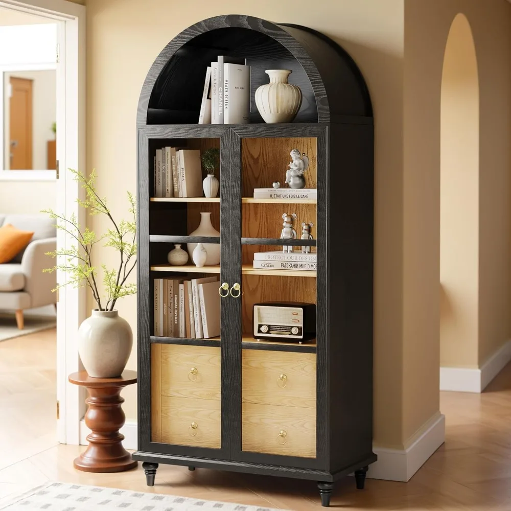 

71 Arched Cabinet, Tall Kitchen Pantry Storage Cabinets with Large Drawers, Shelves and Glass Doors, Modern Display Book