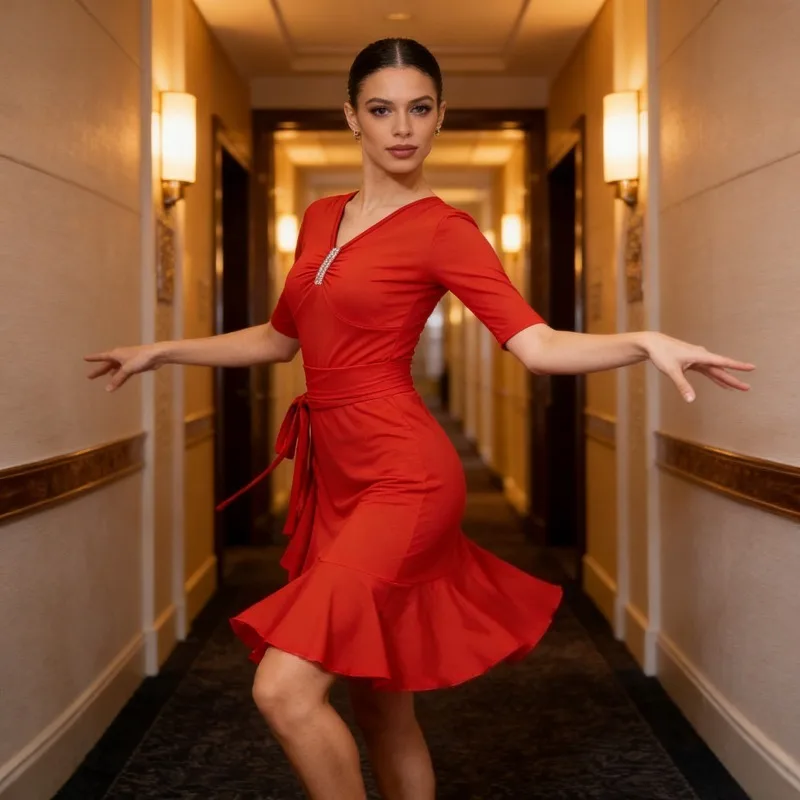 Adult Women's Mid Sleeve Pleated Latin Competition Training Dress, Perfect for Rumba Competitive Performance Training Outfit