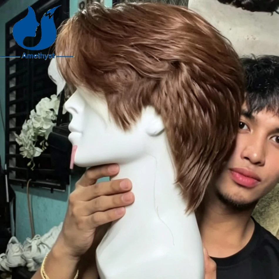 Amethyst Medium Brown Straight Short Men's Wig Brazilian Full Lace Remy Human Hair Pre Plucked with Sideburns Middle Part Layer