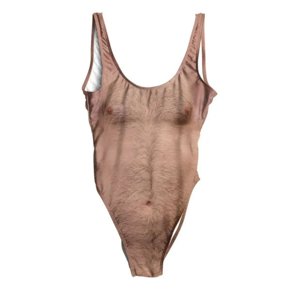 Divertido traje de baño de una pieza, traje de baño Sexy con estampado de pelo en el pecho, informal, para playa, natación, broma, bañista, novedad, ropa de mujer gorda de cerveza