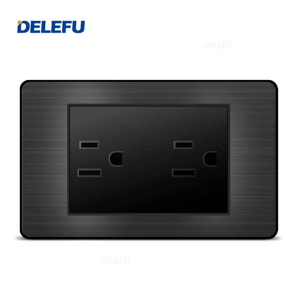 DELEFU Stainless Steel Black Panel Series American Standard Switch Socket Computer USB Type C Wall Power Socket