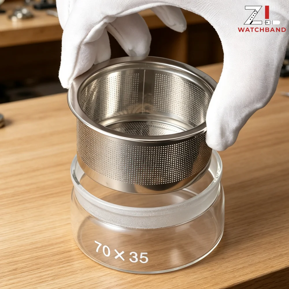 Image of 60x30mm 70x35mm Uhrenreinigungskörbe aus Edelstahl, Uhrenteile-Netzhalterkorb, Ölaufbewahrungstank, Glasbecher