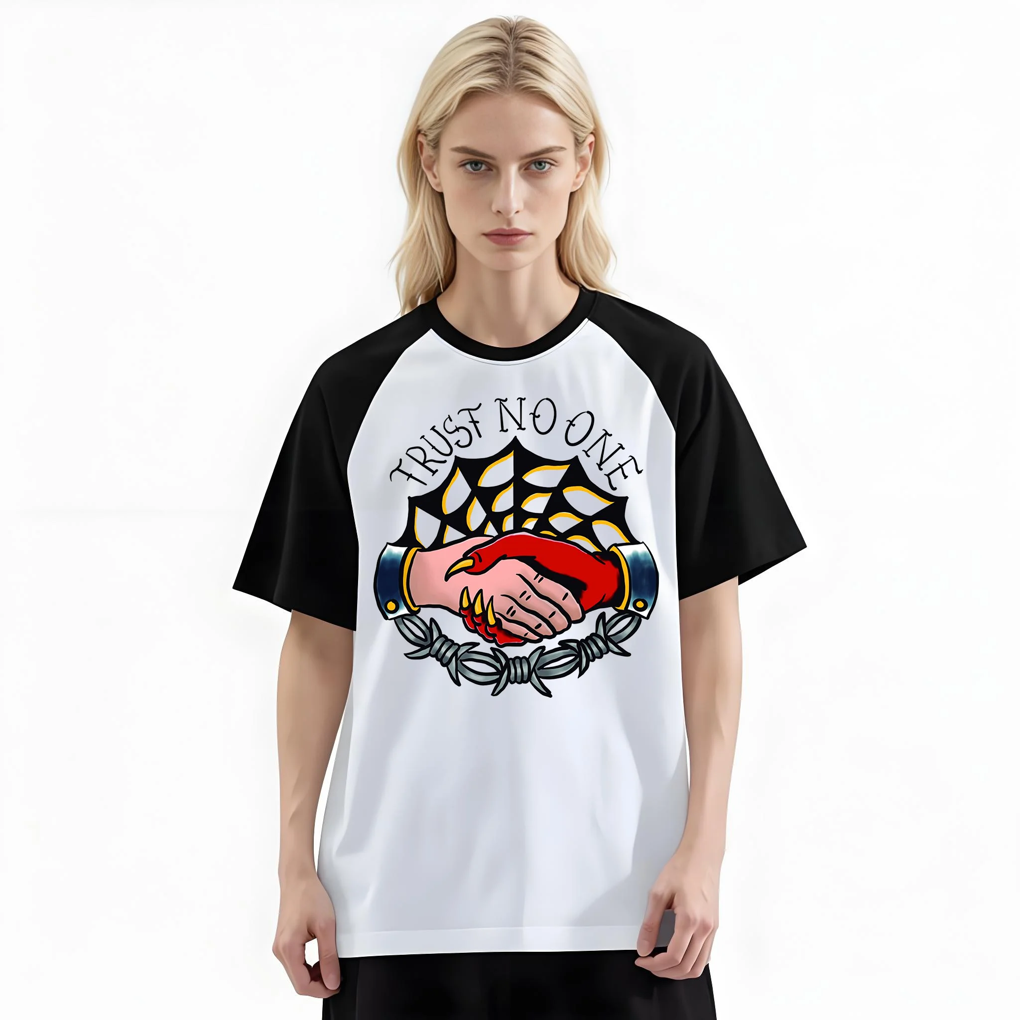Women'S Fashion Raglan Sleeve T-Shirt, Trust No One Clawed Handshake Tattoo Printed, Summer Casual Comfortable Tee, Women'S Everyday Short-Sleeve Top