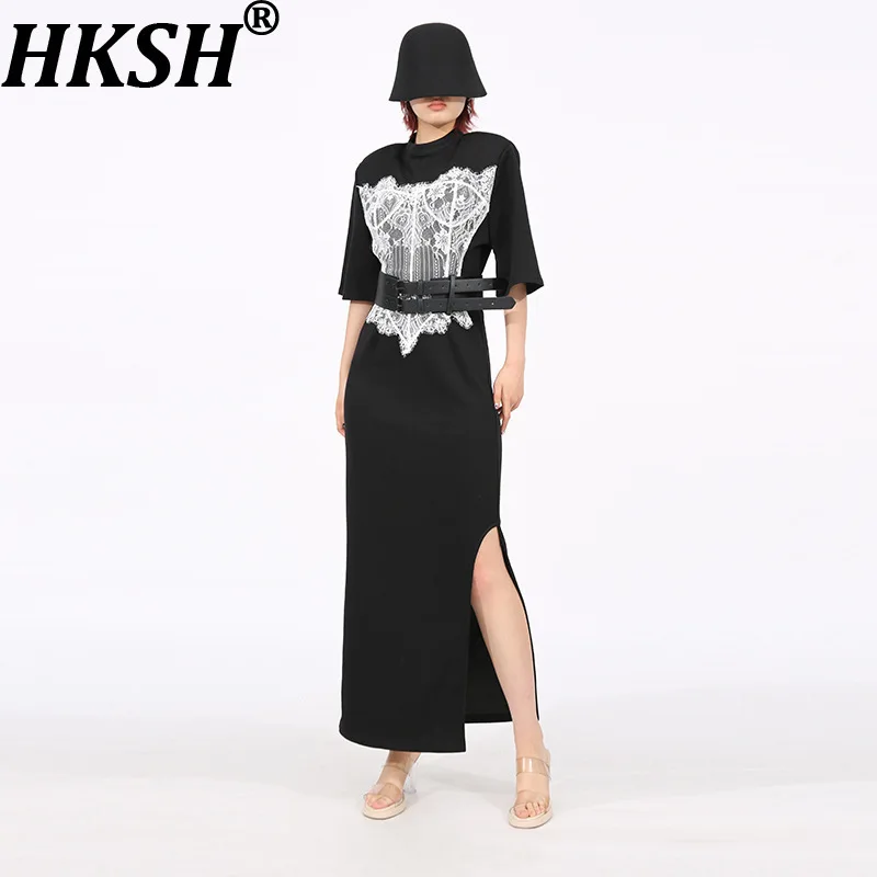 HKSH Spring Summer New Women Long Dress Short Sleeve Spliced Lace Color Block Belt Padded Shoulder Split Elegant Dresses HK16630