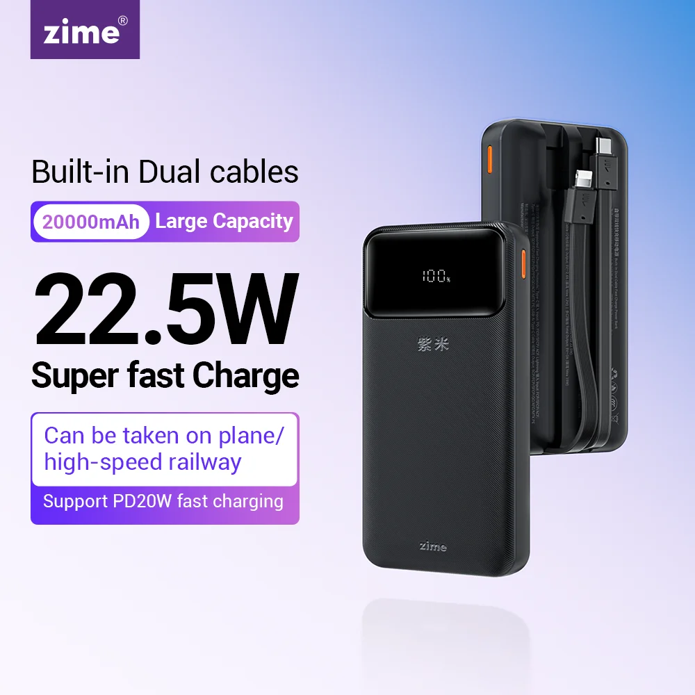 zime 20000mAh Power Bank 22.5W Portable Charger With Built-in Cable Digital Display Battery Capacity For iPhone 15 14 13 pro