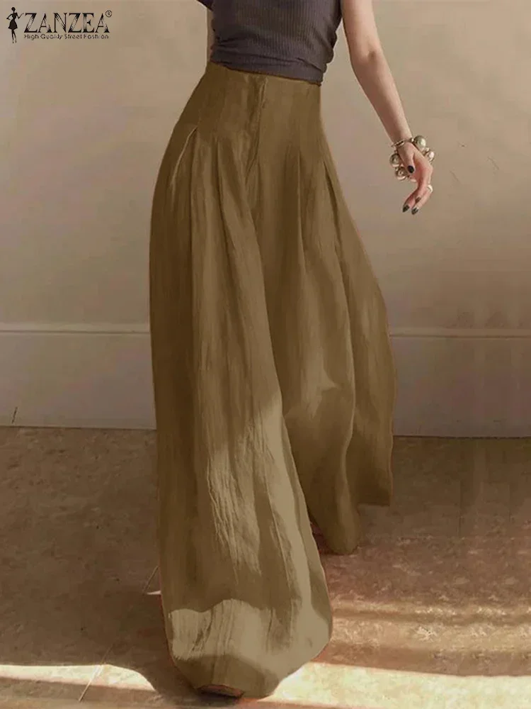 ZANZEA Pantaloni eleganti a gamba larga 2025 Pantaloni estivi da donna in tinta unita Pantaloni larghi casual con pieghe a vita alta