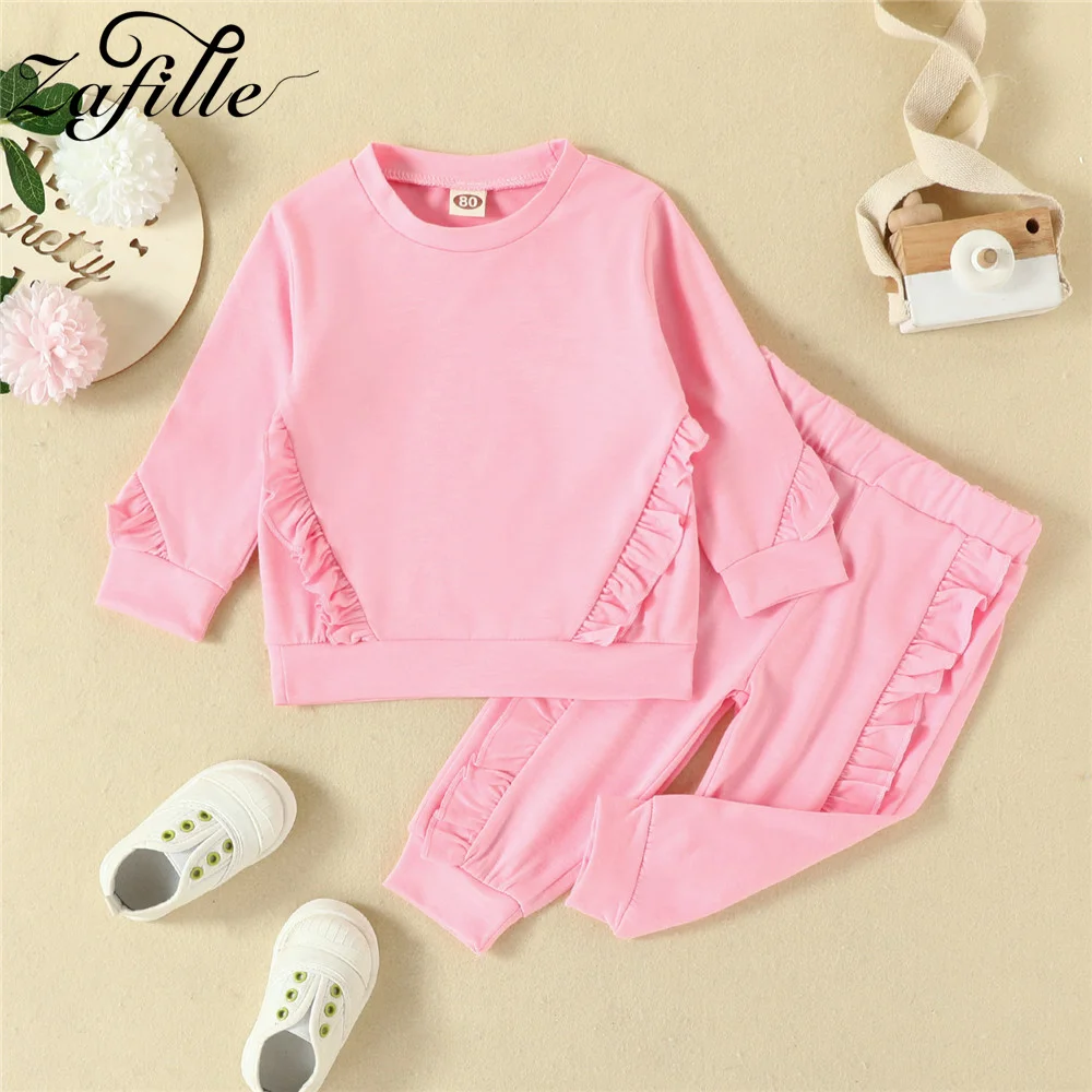 ZAFILLE Ruffles Baby Clothes Set Long Sleeve Autumn Kids Girls Hoodies Pants Solid Toddler Baby Costume Casual Girls Suits Set