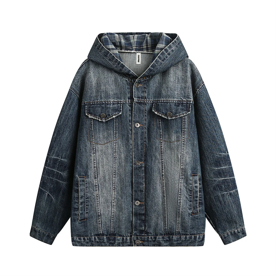 

Vintage Denim Jacket Men Women Harajuku Patchwork Hooded Jackets 2025 Spring New Oversized Streetwear Hip Hop Washed Blue Coats