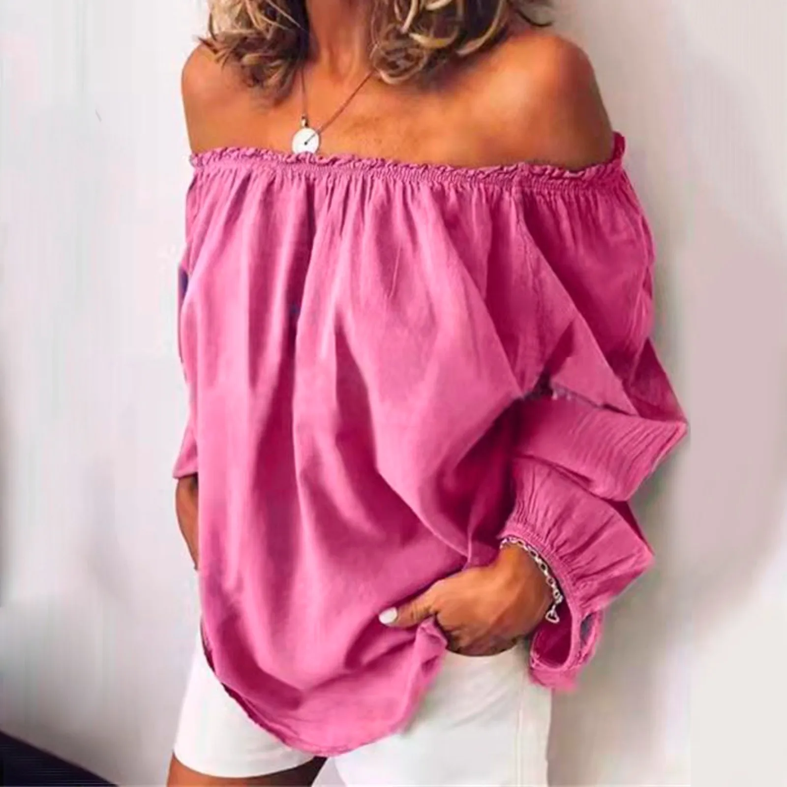 Plus Size Elastic Collar Women\'s Blouse Off Shoulder Casual Long Sleeve Sexy Shirt Cotton Line Top Summer Loose Ruffle Top Blusa