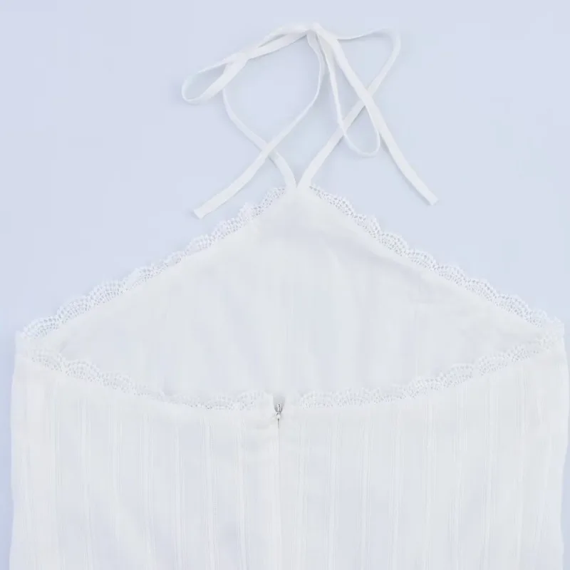 Vestido de decoração em camadas elegante gola pendurada mini vestidos para mulheres sólido sem costas curto novo verão praia vestidos de festa