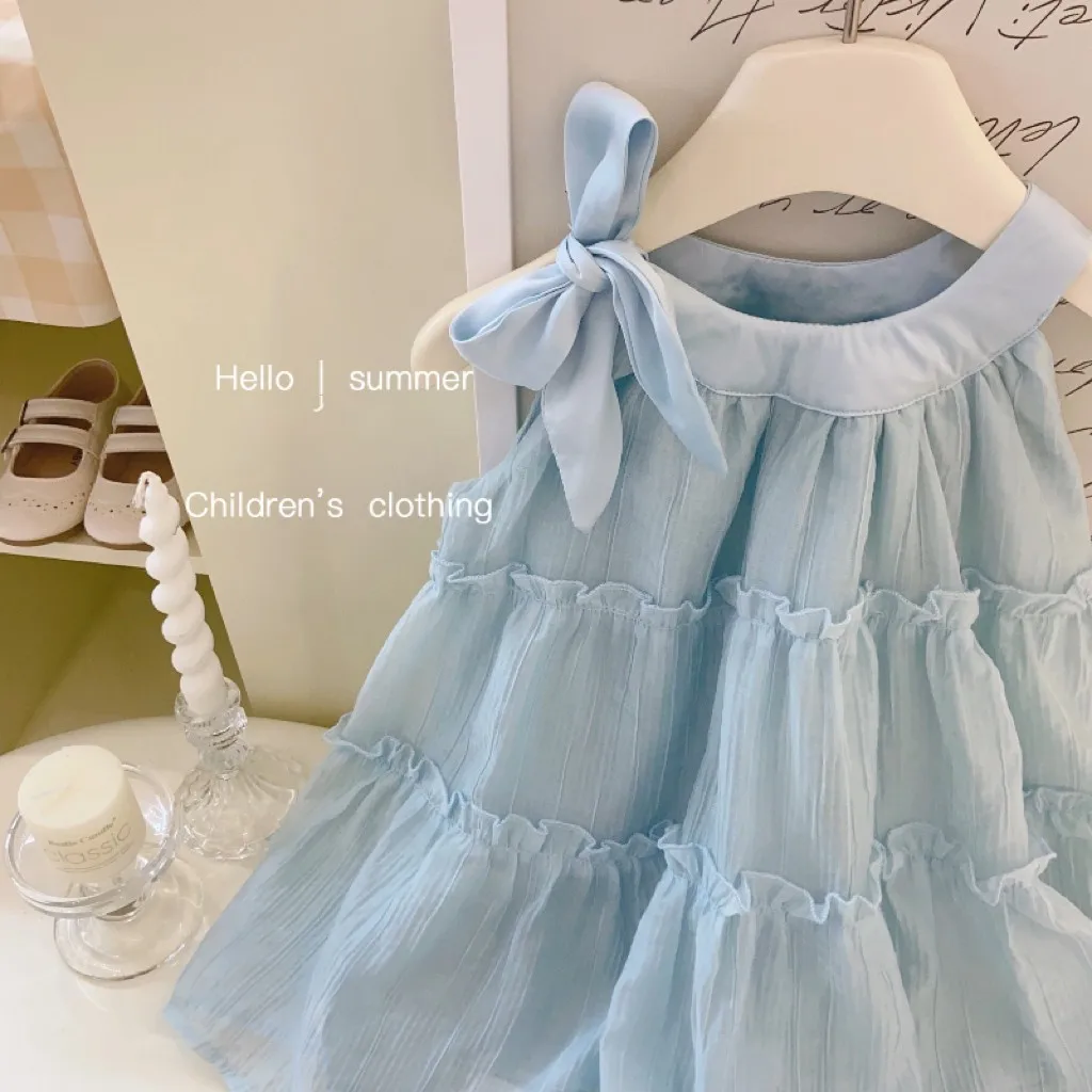 Baby Girl Fairy Princess Halter Dress - Pastel Blue Tiered Tulle Skirt & Bow Straps Summer Christening 1st Birthday Photo Shoot
