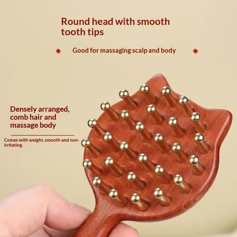 

Прочная массажная щетка в форме котенка с латунной головкой, из сандалового дерева, с длинной деревянной ручкой, для точечного массажа меридианов