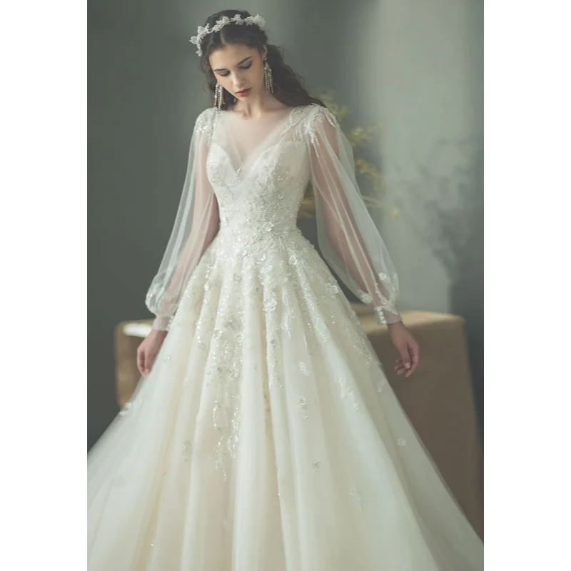 Customized 2026 New Elegant Princess Dress Wedding Dress A-line Long Sleeve Lace Pearl Decoration Vestido De Noiva