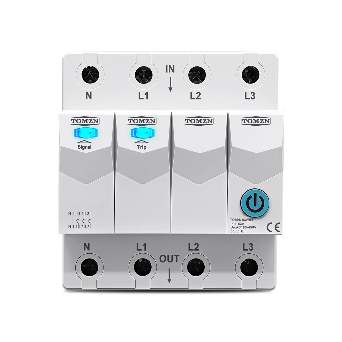 TOMZN Official TOB9S-63WIFI 3 Relay Cut Off L TUYA SmartLife 4P 3*120V 3*230V 63A Timer Countdown 50Hz 60Hz DIN Rail