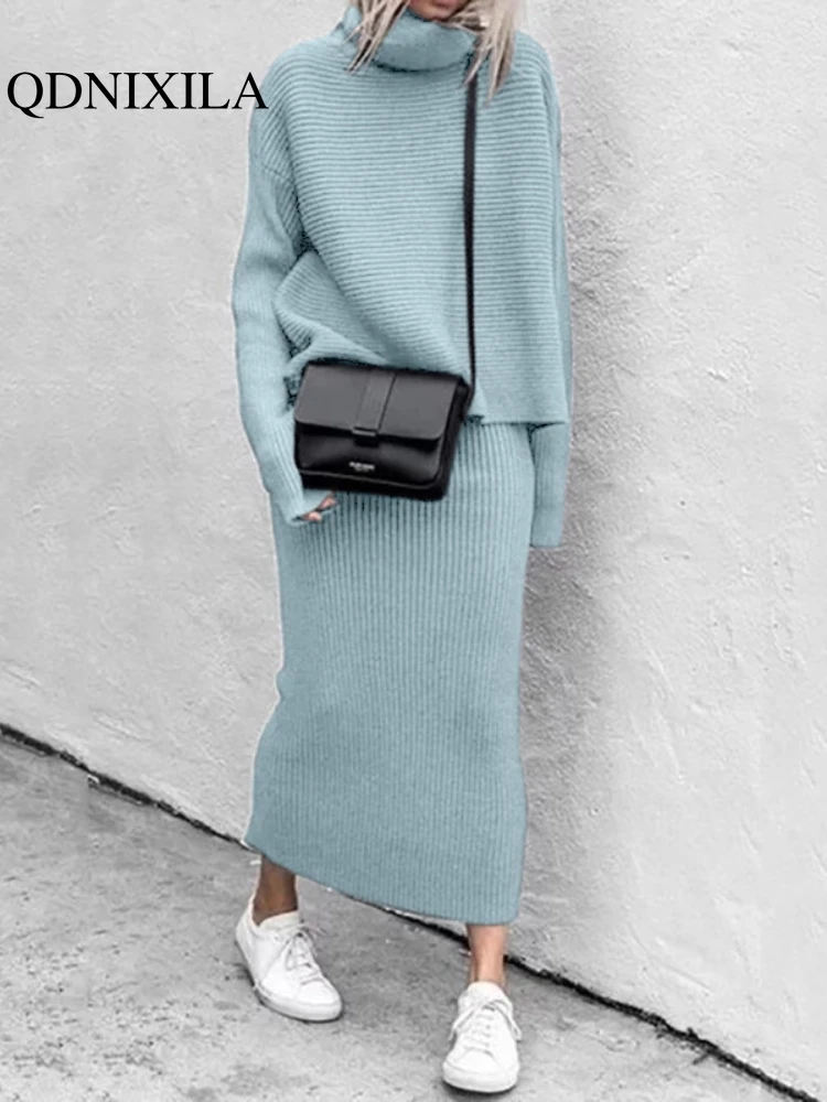 Dress Sets 2024 Autumn Winter New in Fashion Clothing Female Solid Color Casual Loose Fashion Long Sweater Dress Two Piece Set