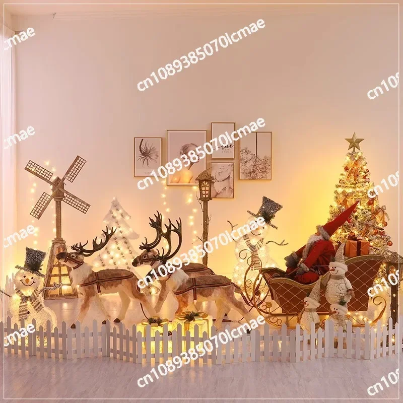 Christmas Decoration Large Deer Pull Car Luminous Elk Plush Deer Wrought Iron Sleigh Car Large Christmas Scene Arrangement