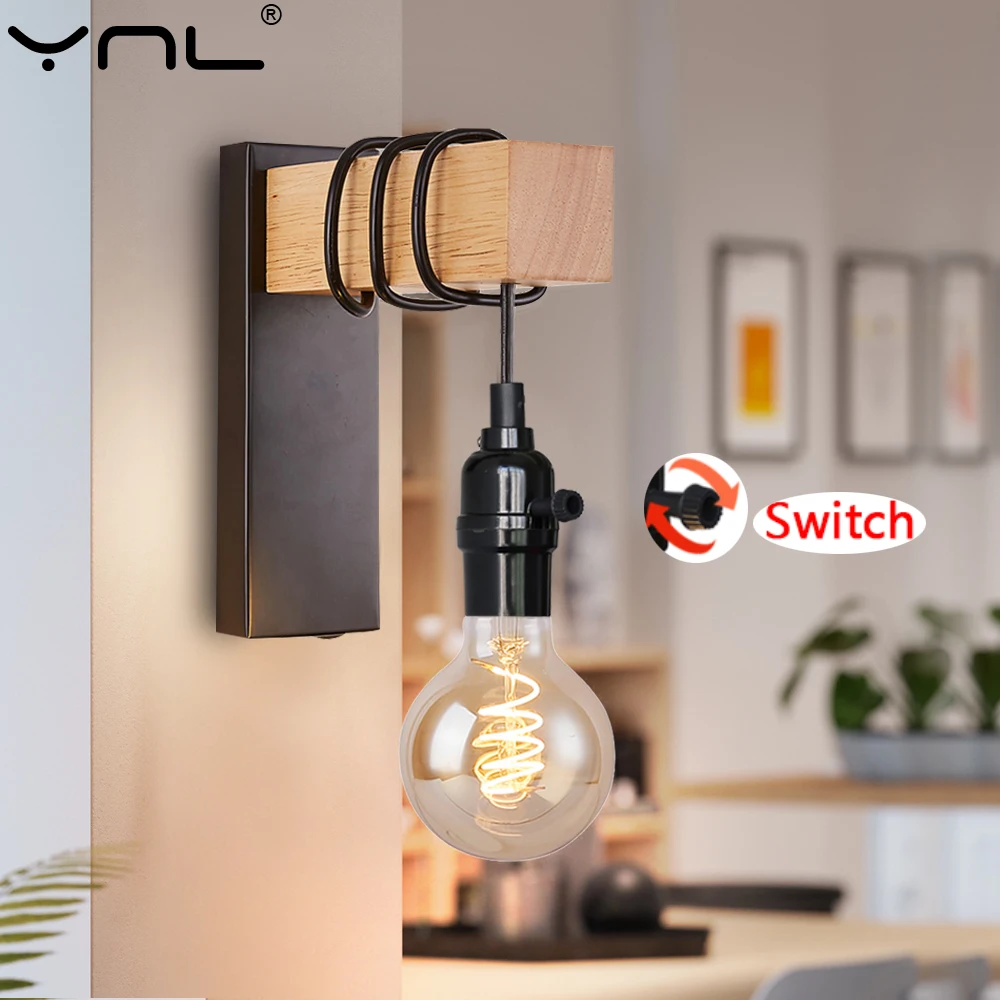 

Nordic LED Wood Wall Lamp E27 Retro Industrial Bedside Wall Sconce Light Fixture Indoor Room For Home Decora Hallway Lighting