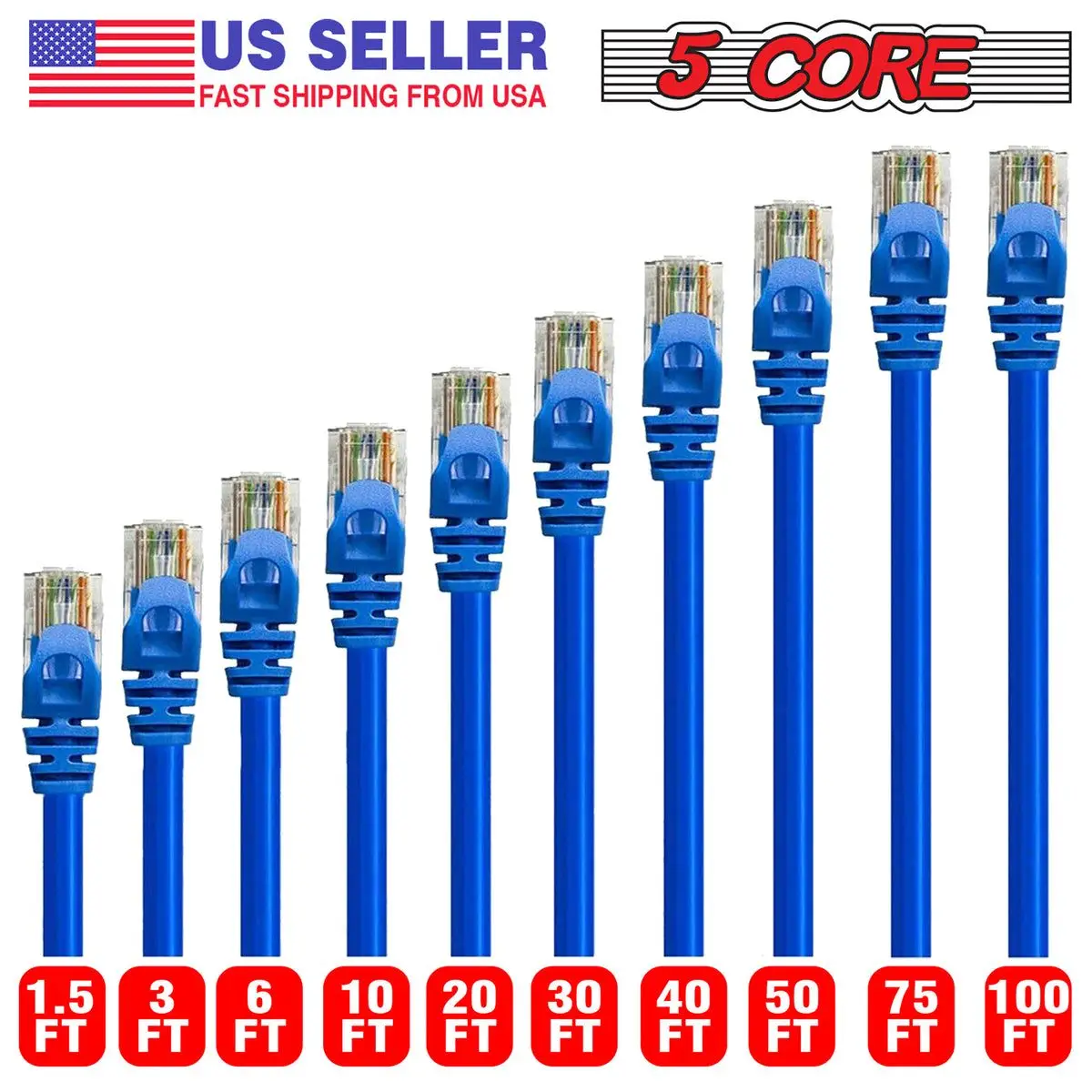 كابل إيثرنت 5 CORE بطول 10 أقدام Cat 6 سلك تصحيح إنترنت الكمبيوتر عالي السرعة WiFi RJ45 للاستخدام الداخلي والخارجي للألعاب - ET