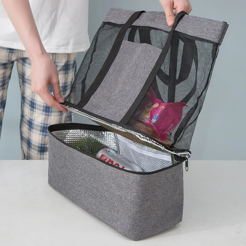 

2 In 1 Double-Layer Outdoor Picnic Bags Women Large Capacity Mesh Thermal Insulation Lunch Food Bento Cooler Storage Tote Bag