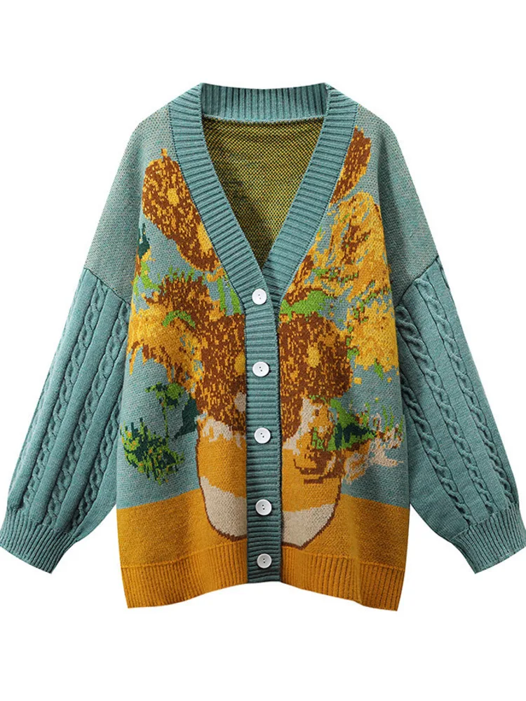 Unisex Cardigan Sweater Harajuku Van Gogh Sunflower Knitted Button Cardigan Women Men Autumn Casual Loose Knit Top Green Blue