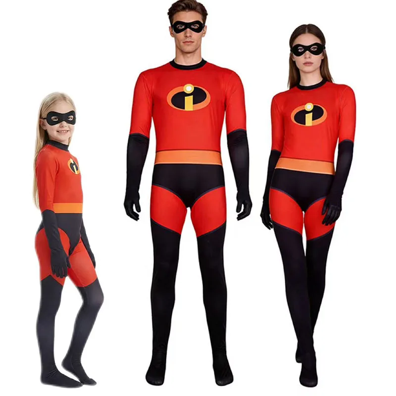 

2026 New Adult Kids Superman Cosplay Costume Anime Red Jumpsuit With Mask Full Set Halloween Party Costumes For Women Men Set
