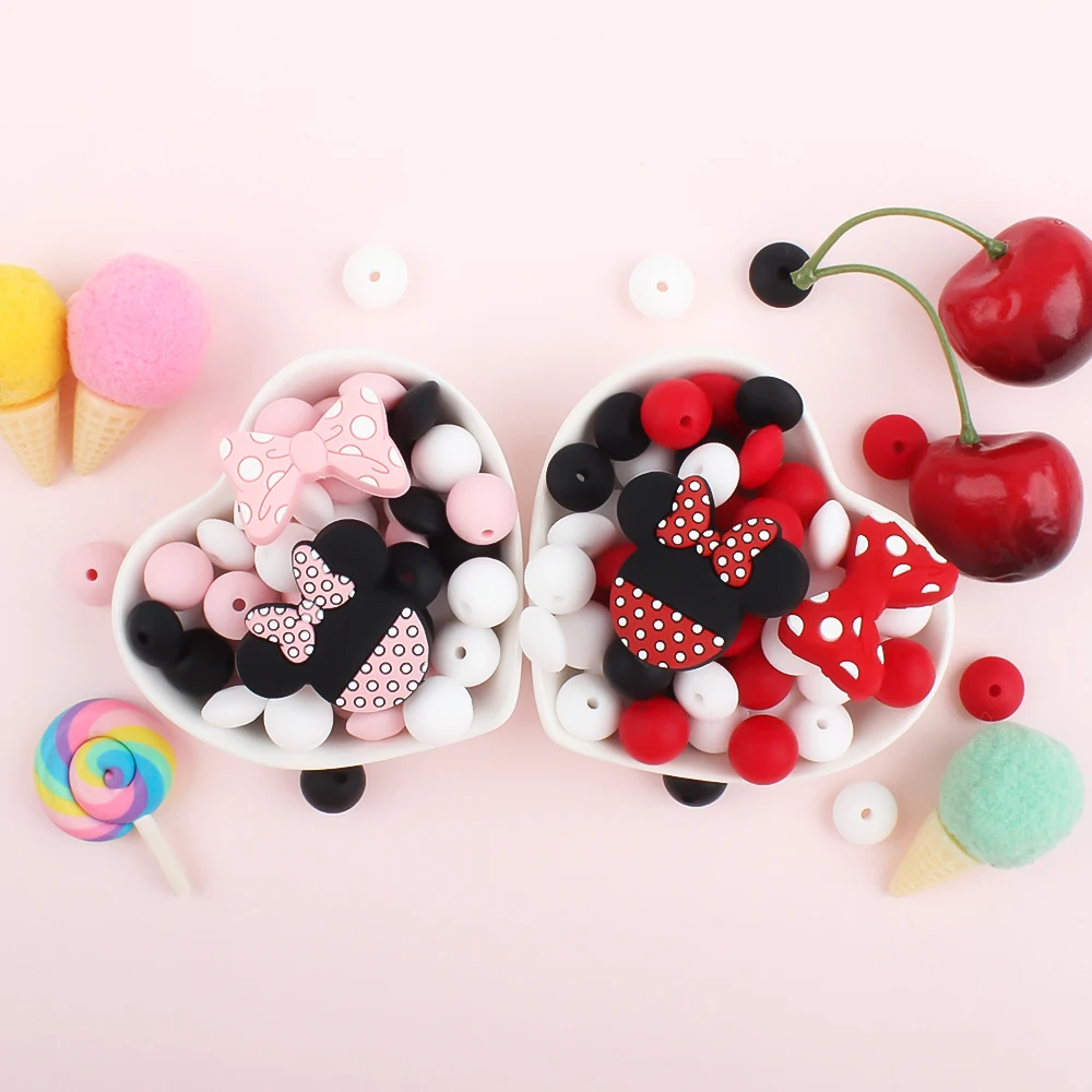 40Pcs/Set Cartoon Silicone Beads Round Lentil Mouse Shape Beads Necklace Accessories Toys Sets for DIY Pacifier Clips Chain