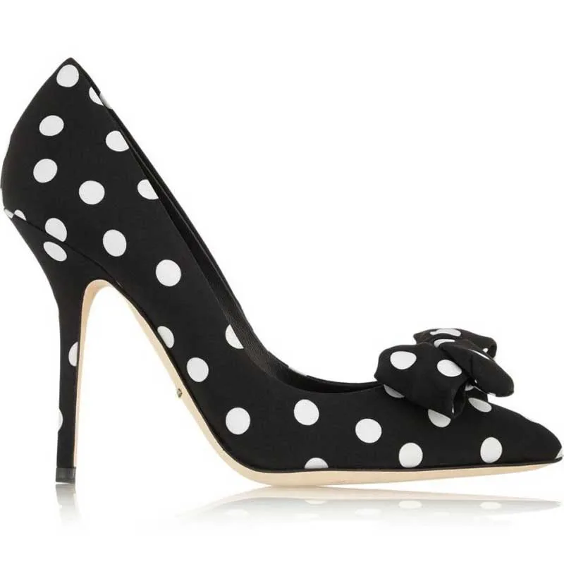 

Sexy Bowtie Polka Dot Silk Pumps Women Black White Round Dot Pointed Toe Thin Heels Dress Single Shoes Wedding High Heels