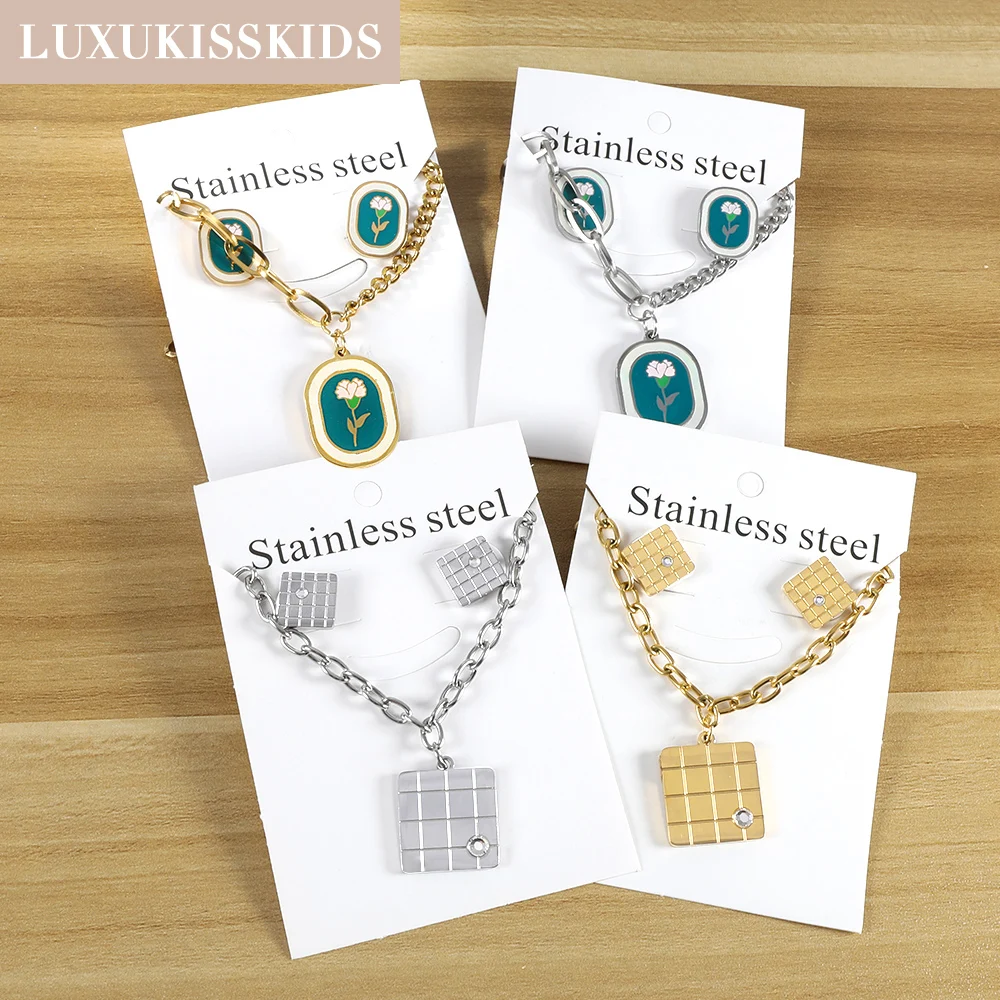 LUXUKISSKIDS Stainless Steel Green Jewelry Sets Romantic Tulip Link Chains Oval Shape Necklace Square Couple Gothic Chunky Set