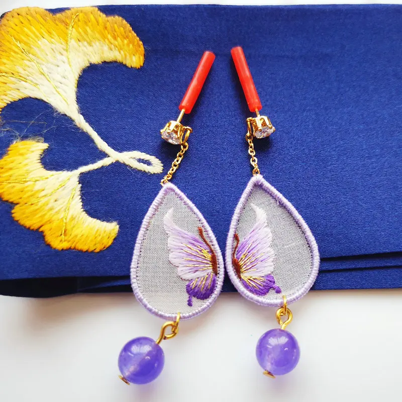 

New Chinese Style Women Purple Hand Embroidered Earrings With Butterfly Wings Pattern Stitch Eardrop Chic Ear Wear Accessories