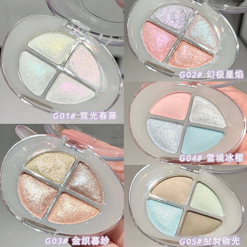 クリスタルピーチダイヤモンド4色アイシャドウパレットメタリックグリッターカメレオンスパークルハイライターパウダー（目、鼻、眉の骨用）