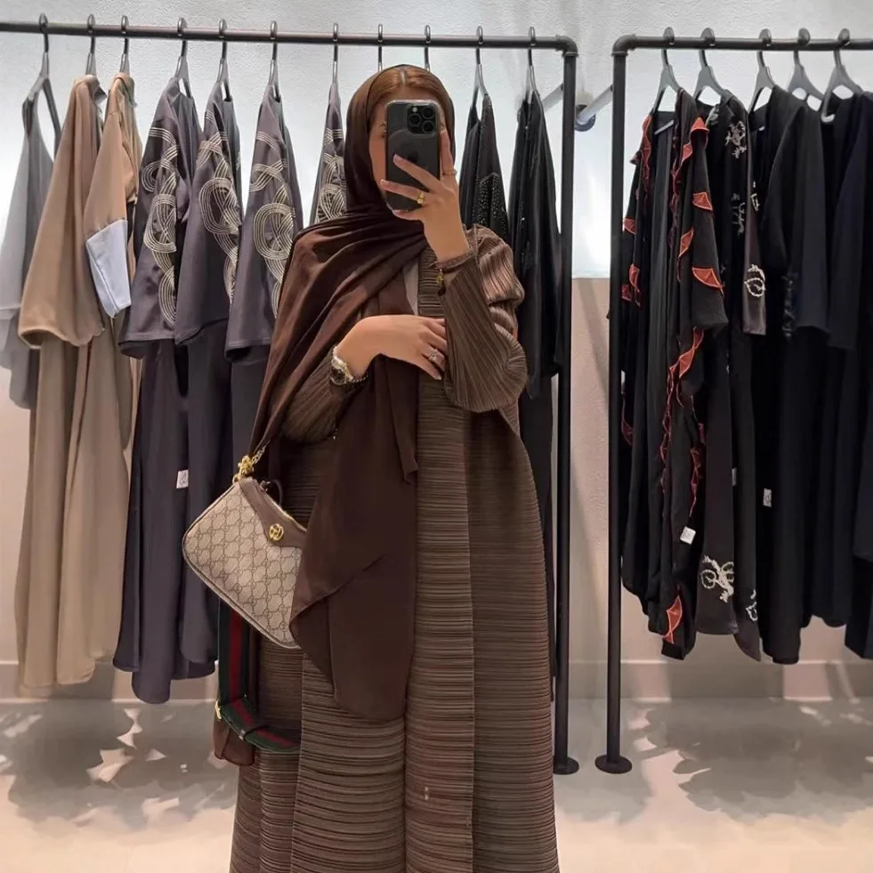 Miyake Fashion Middle East Solid Color Robe Pleated Windbreaker Femininity Loose Outer Cardigan Coffee Jacket Women's Clothing
