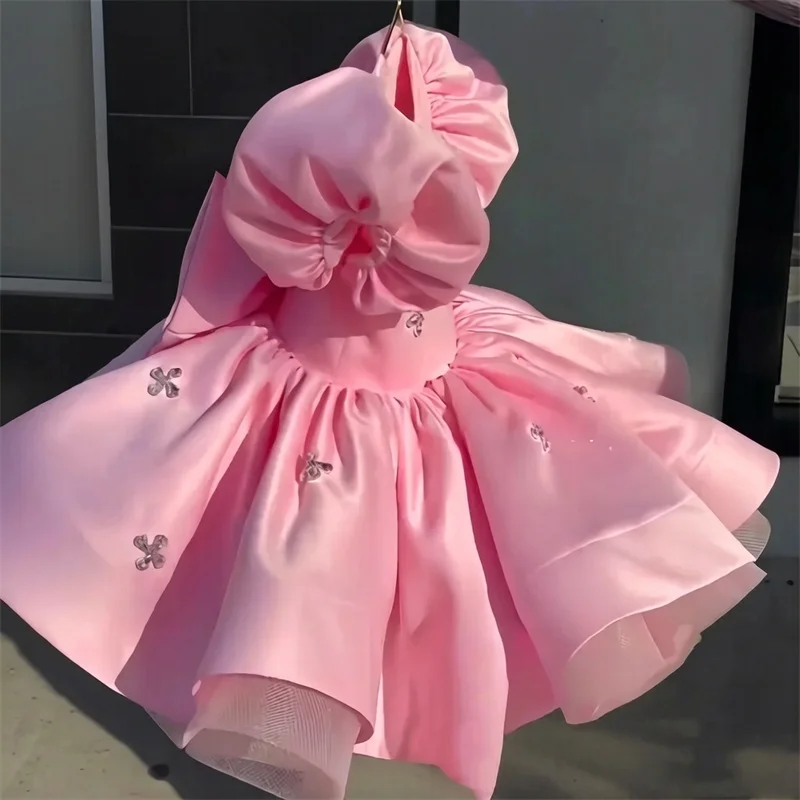 Princess Satin Beading Bow Flower Girl Dresses First Communion Dresses Birthday Christmas Gift Wedding Party Birthday