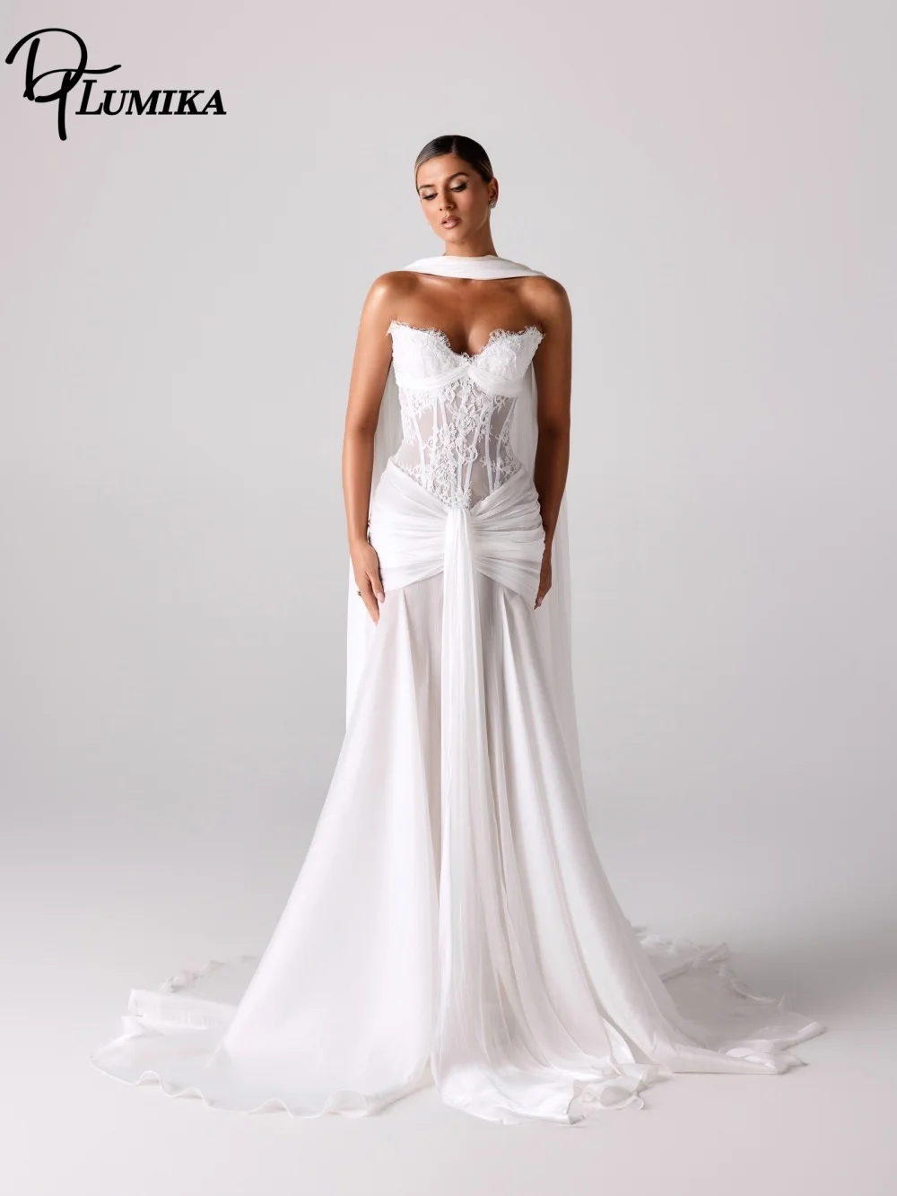 Modern Strapless Fitted Lace Corset Wedding Dress Twist Front Chiffon Skirt Removable Shoulder Cape Customized Vestido De Novia