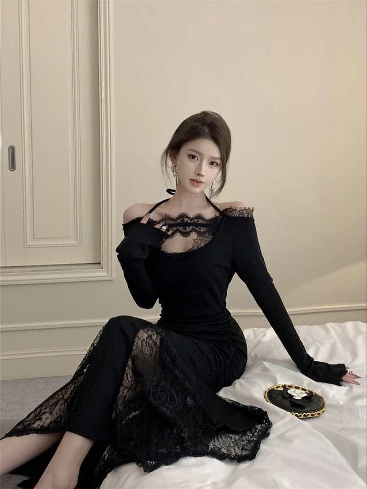 

Woman Dress Elegant Lace Patchwork Slash Neck Bandage Backless Long Sleeve Hollow Out Mermaid Dresses Sexy Temperament