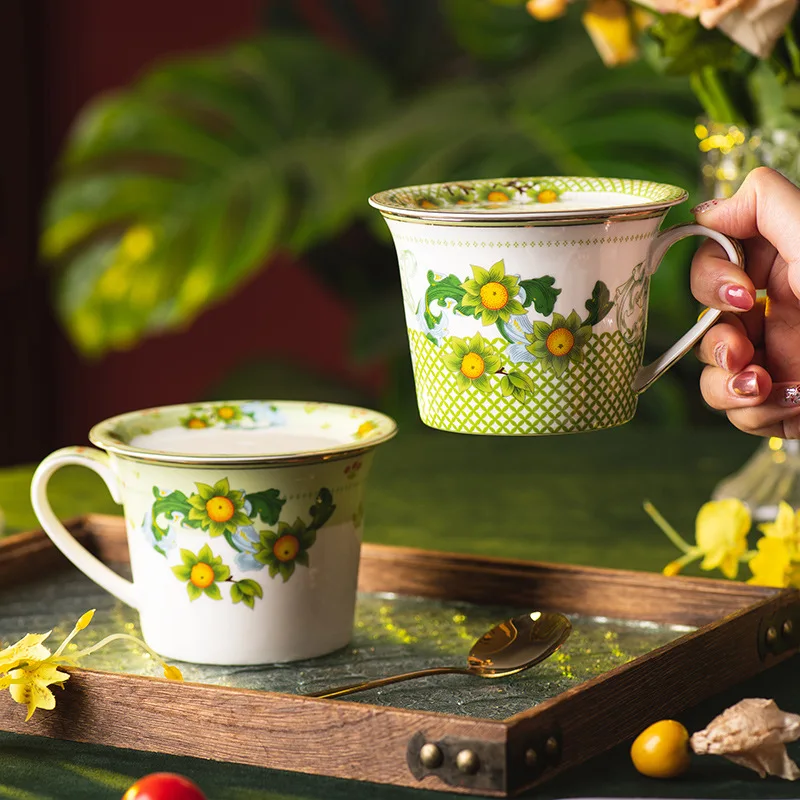 430ml European Ceramic Coffee Cup Green Fruit Mug with Lid Home Office Breakfast Milk Mug Afternoon Camellia Flower Tea Cup New