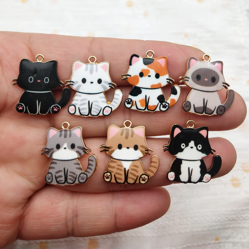 10pcs Cat Charm Diy Jewelry Making Enamel Necklace Keychain Phone Pendant Accessories Craft Supplies Alloy Metal Gold Plated