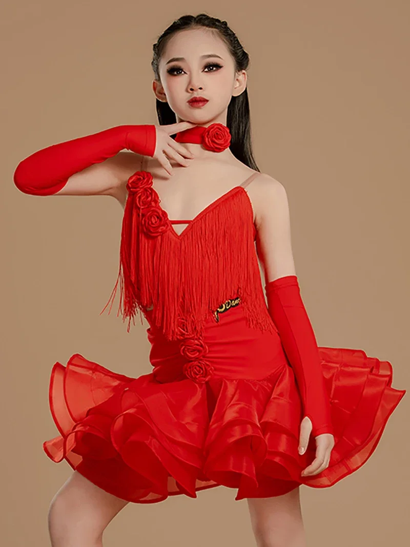 Costumi di danza latina Bambini Ragazze Sala da ballo Concorso Dancewear Halter Backless Fiori Nappe Tuta e grandi gonne altalena