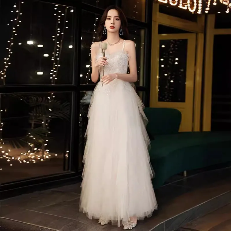 Suspender Evening Dress Women's 2025 New High-end Light Luxury Temperament High-end Sense Banquet Host Celebrity Annual Meeting