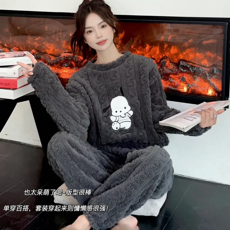 2023 Autumn And Winter Flannel Warm Pajamas Set Women'S Padded Long-Sleeved Pajamas 2-Piece Comfortable And Soft Home Clothes