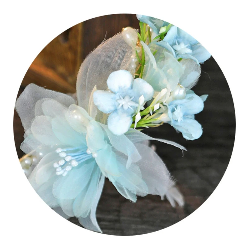 Blue Hanfu Fairy Headdress Pearl Flower Tassel Buyao Headband Lolita Girls Hairpin Hair Accessories Princess Headwear Hair Hoop