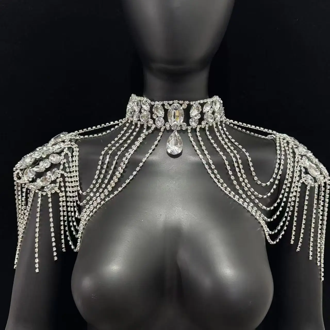 European and American style shoulder chain tassel shawl high-end women's accessories rhinestone body chain crystal necklace acce