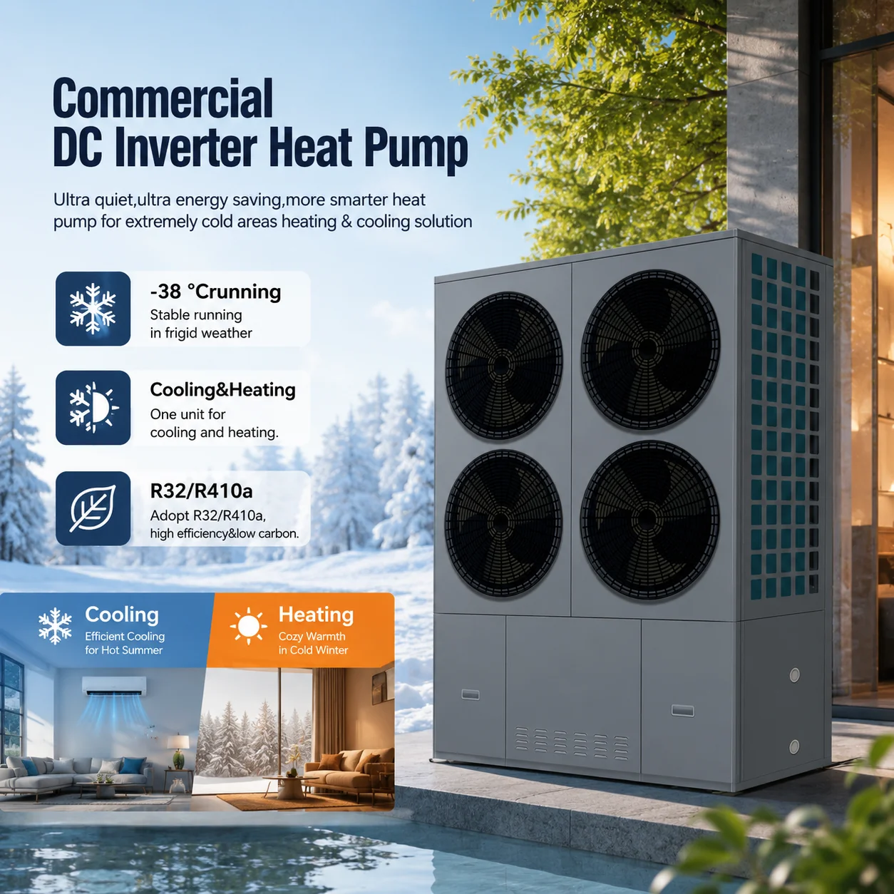 Nulite R32 45-90kW Commercial Monoblock Heat Pump Air to Water & Air to Air Heating and Cooling
