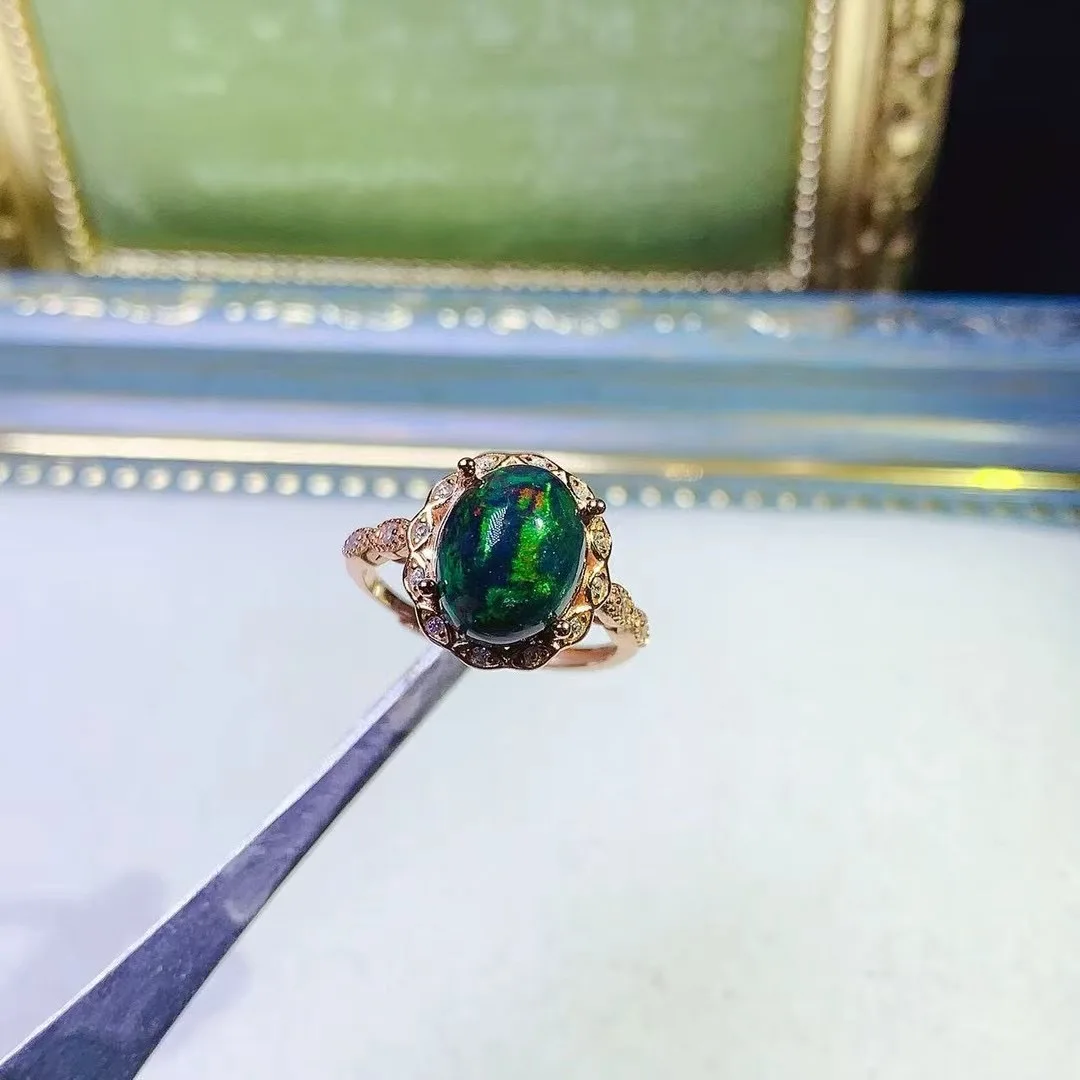 

KJJEAXCMY High End Women's Ring Natural Black Opal S925 Silver with Electroplating Boasting High Clarity Full Brilliance