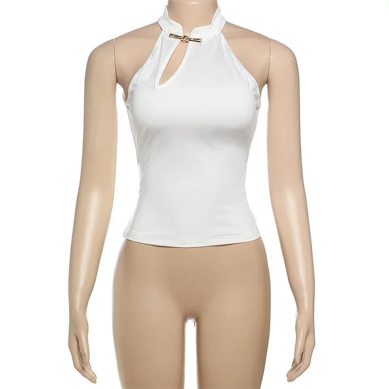 Women Solid Metal Buckle Tank Crop Tops Sexy Hollow Out O-neck Sleeveless Slim Casual Streetwear Vests Female Summer Tees