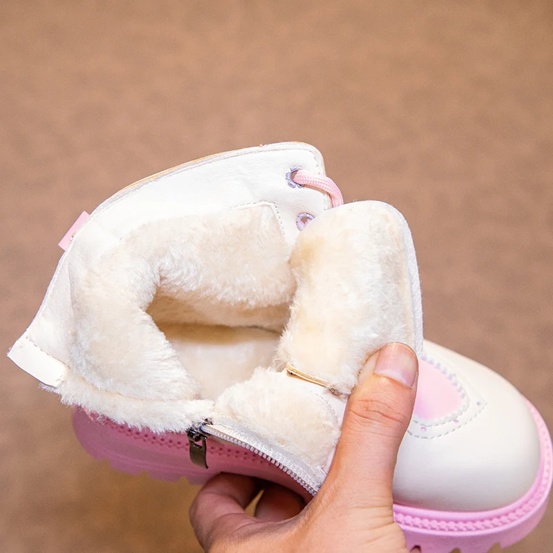 Cute Girls Boots Winter Leather Plush Children Shoes Fashion Casual Sports School Cotton Shoes New Heels Girls Snow Boots